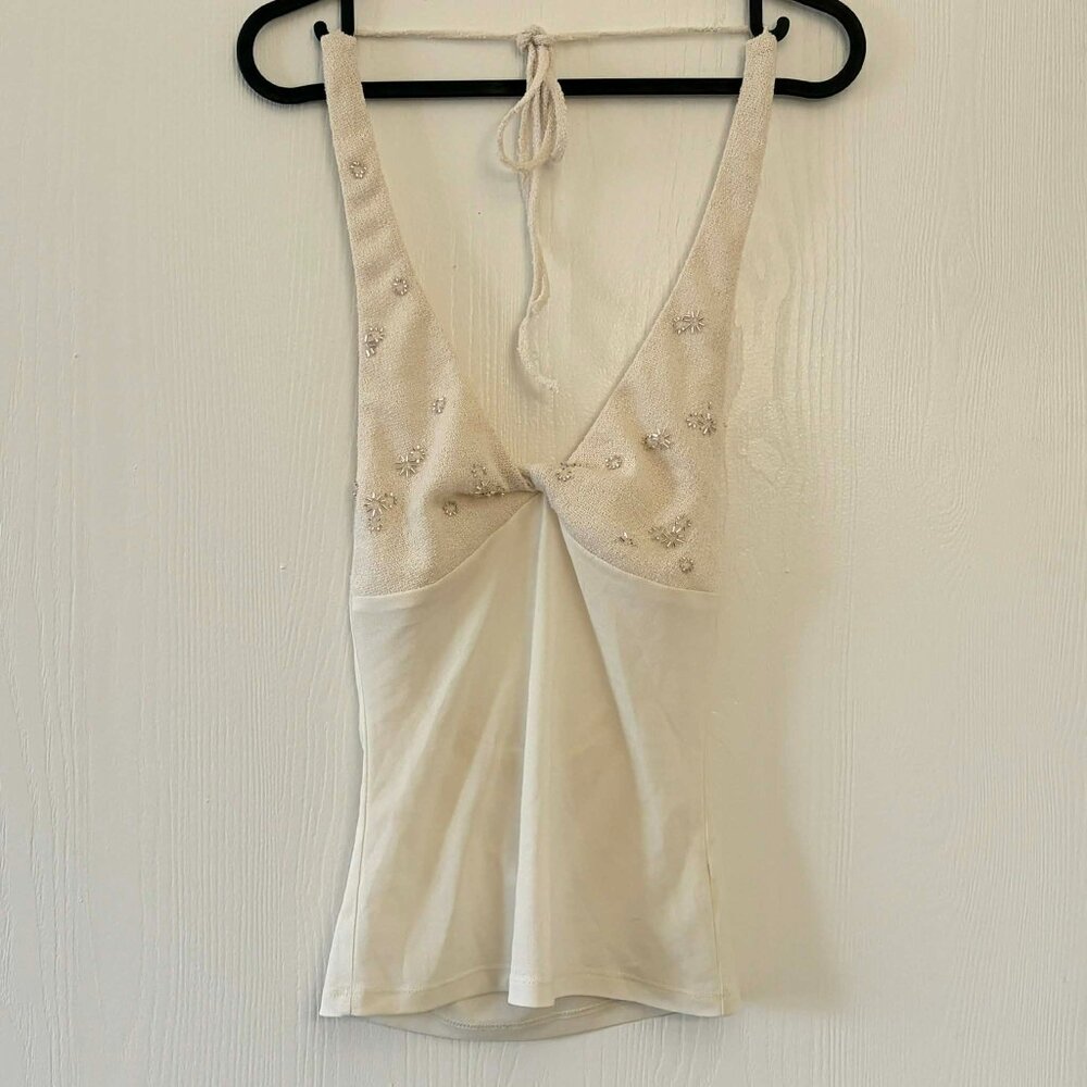 White Beaded Halter Top Backless Tie Neck Y2K Embellished Knit Camisole Tank
